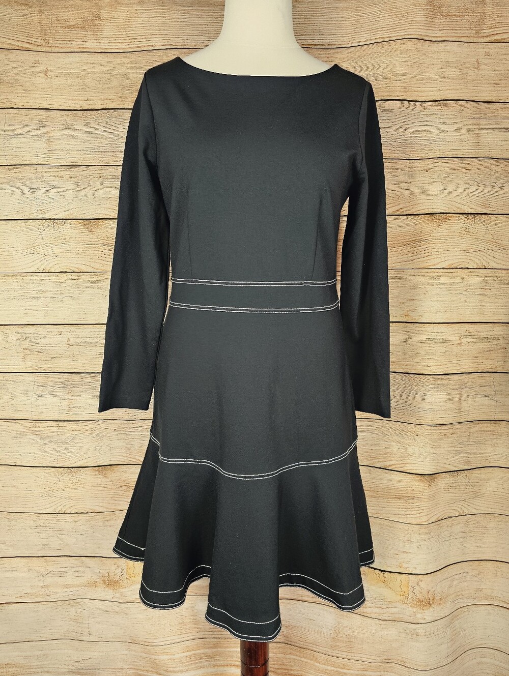 Ann Taylor NWT Black Knit White Stitching Long Sleeve Dress Size 14